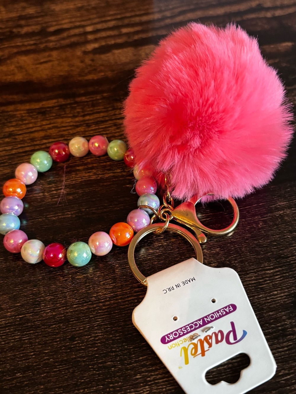 Pact Hot Pink Faux Fur Pom Pom Beaded Keyring Bracelet
